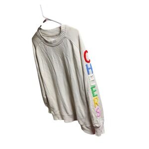 Aerie Cream Oatmeal Cheers Rainbow Chenille Sleeve Sweatshirt Small Relaxed Fit